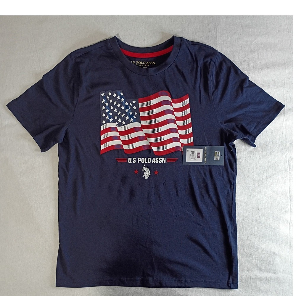 US Polo Assn Boys T Shirt XXL 18 Navy Blue Graphic Tee American Flag NWT